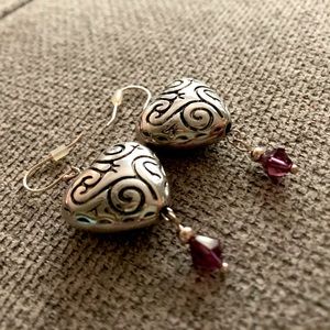 Silver Heart Earrings with Purple Gems